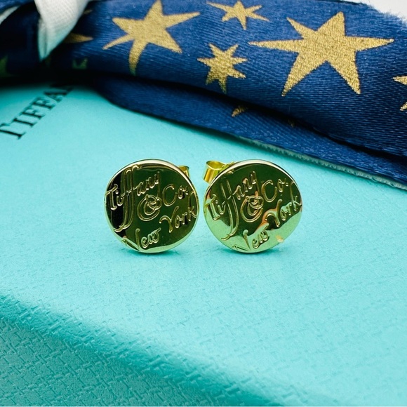 RARE Tiffany & Co. 18K Yellow Gold Notes Wave Round Stud Earrings with Packaging - Picture 3 of 10